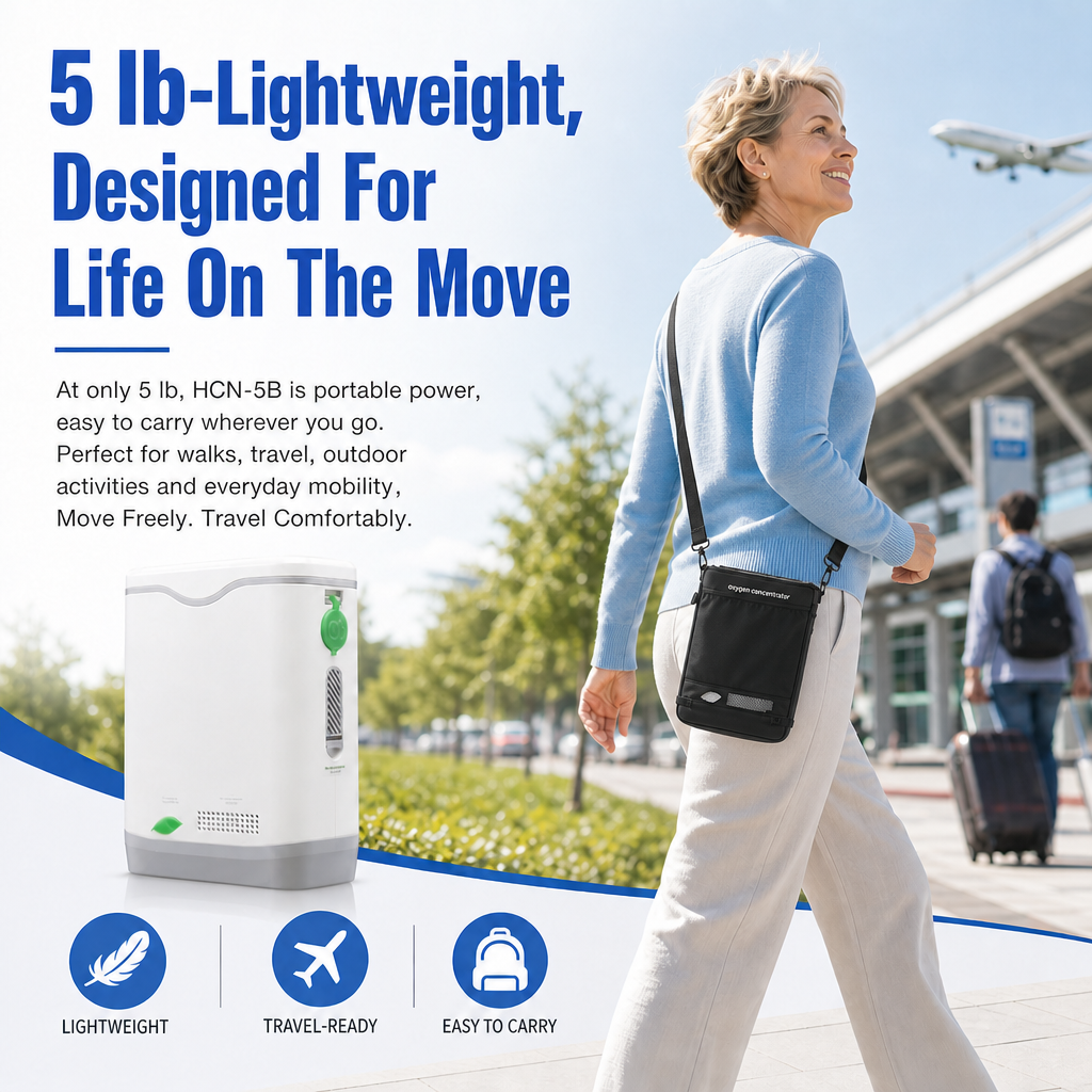 Low Noise 1-5L Adjustable Continuous Flow Portable Oxygen Concentrator with Removable Battery Lightweight Travel Oxygen Machine HCN-5B