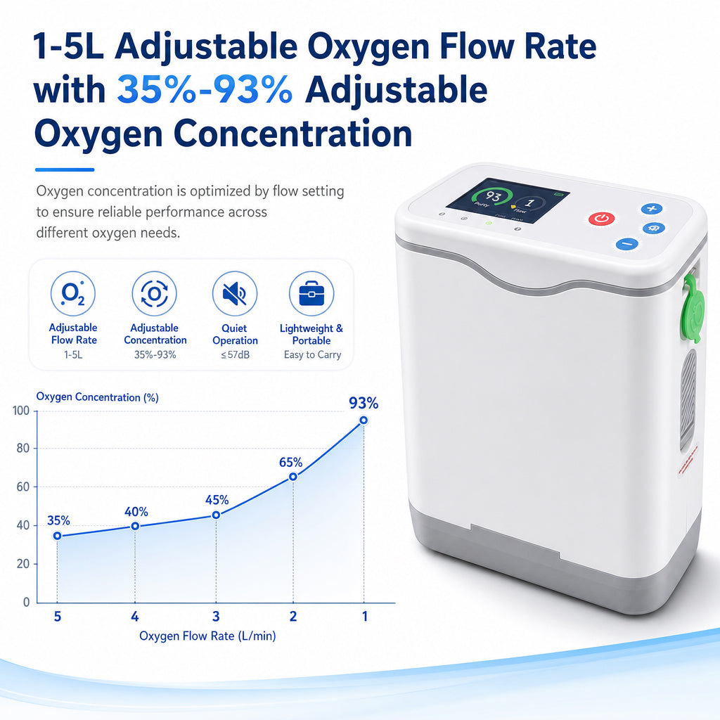 Low Noise 1-5L Adjustable Continuous Flow Portable Oxygen Concentrator with Removable Battery Lightweight Travel Oxygen Machine HCN-5B
