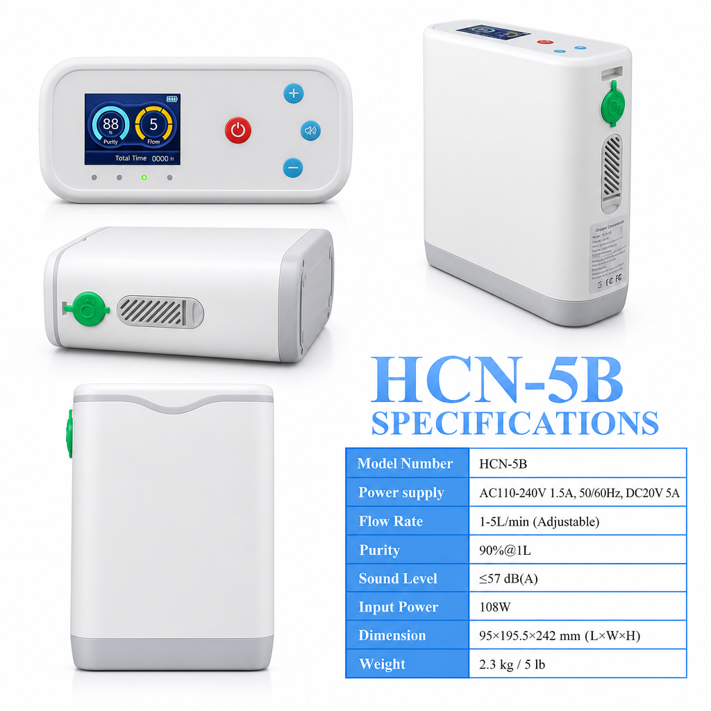 Low Noise 1-5L Adjustable Continuous Flow Portable Oxygen Concentrator with Removable Battery Lightweight Travel Oxygen Machine HCN-5B